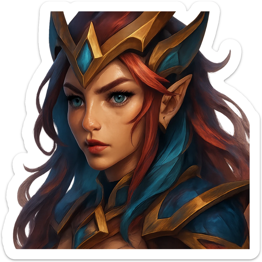 League of Legends inspired character face, detailed, fantasy style, vibrant colors, game art, close-up portrait, intricate features sticker