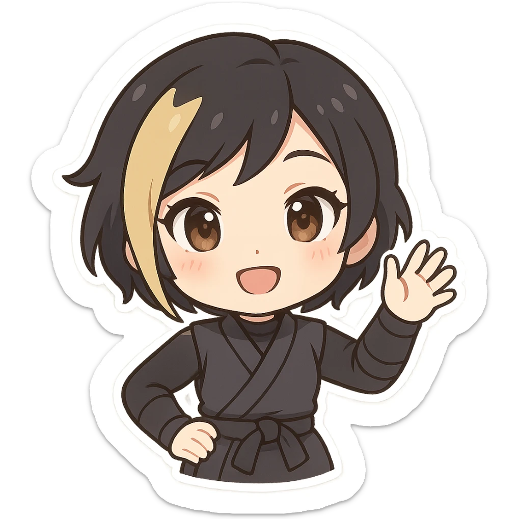 Chibi ninja girl with black short hair and a blonde streak, big head, small body and arms, not overly round or infant-like, cute and playful, anime-style face with large expressive eyes, small nose and mouth, subtle blush, hand fully raised, waving, smiling, pastel colors, soft shading, clean outlines, no mask, transparent background, face looks sexy with slightly parted lips, confident gaze, longer lashes, subtle contouring. sticker