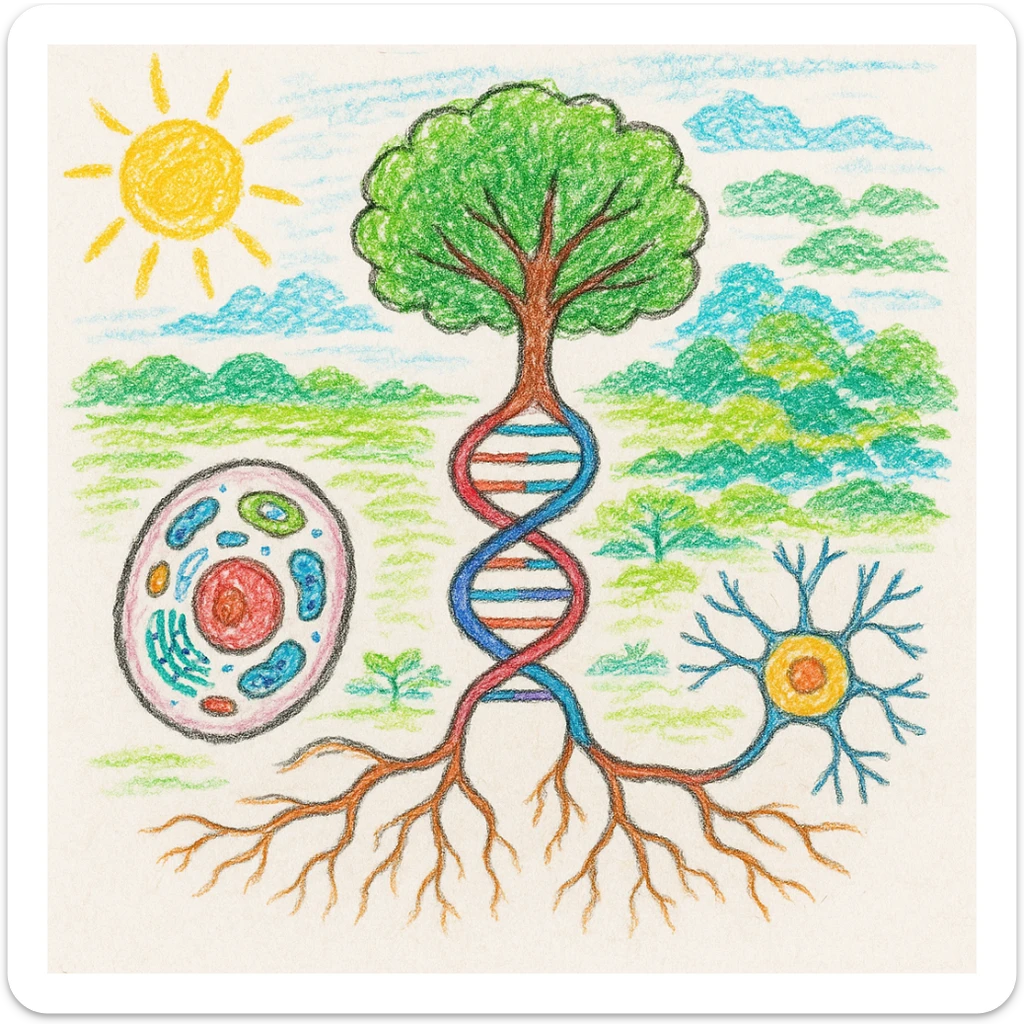 A realistic biological illustration (like in a school book) showing: DNA strands transitioning into a tree, cells with visible organelles, neurons connected to plant roots  and a balanced ecosystem background . Seamless integration, no labels or borders, complete white background (not off white!), detailed but minimalist.  sticker