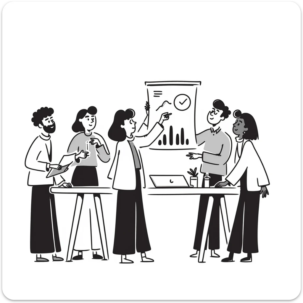 Stylish office team meeting concept with a playful, cartoonish vibe sticker