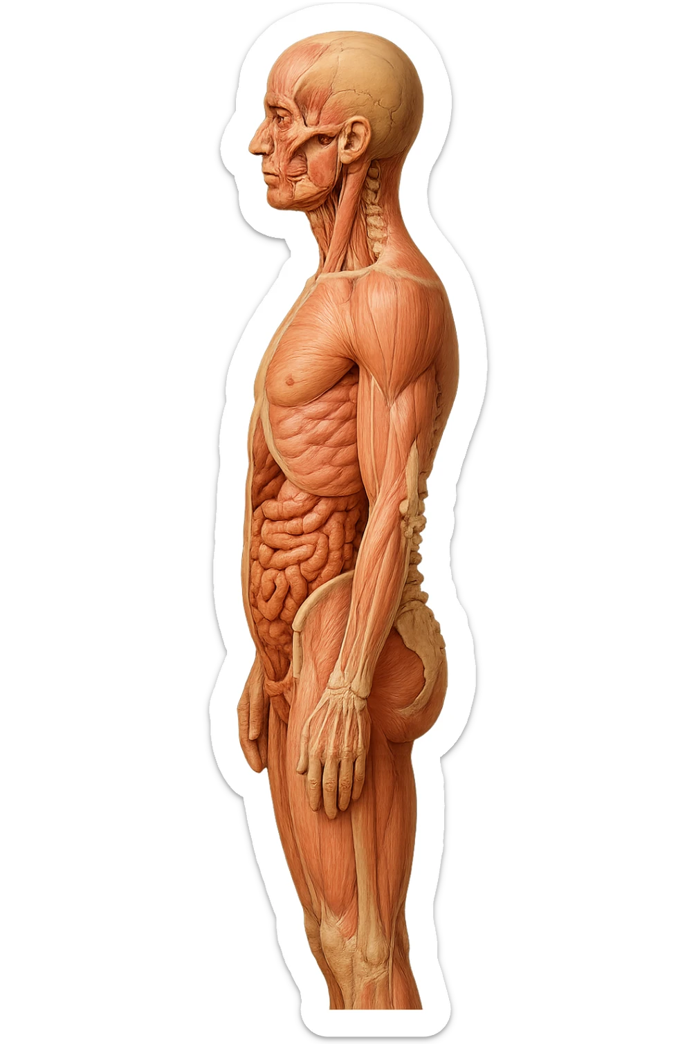 CORPO UMANO ANATOMICO REALISTICO DI PROFILO CON CURVA LOMBARE PIATTA, iperrealistico 4k sticker