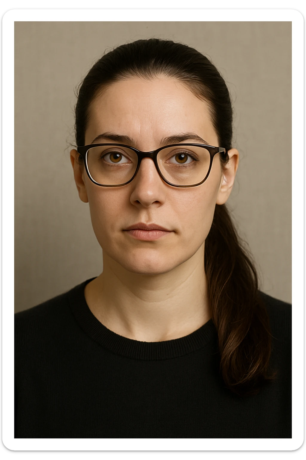 upper body portrait of a woman with long pulled back dark brown hair, hazel eyes, and glasses, neutral expression sticker
