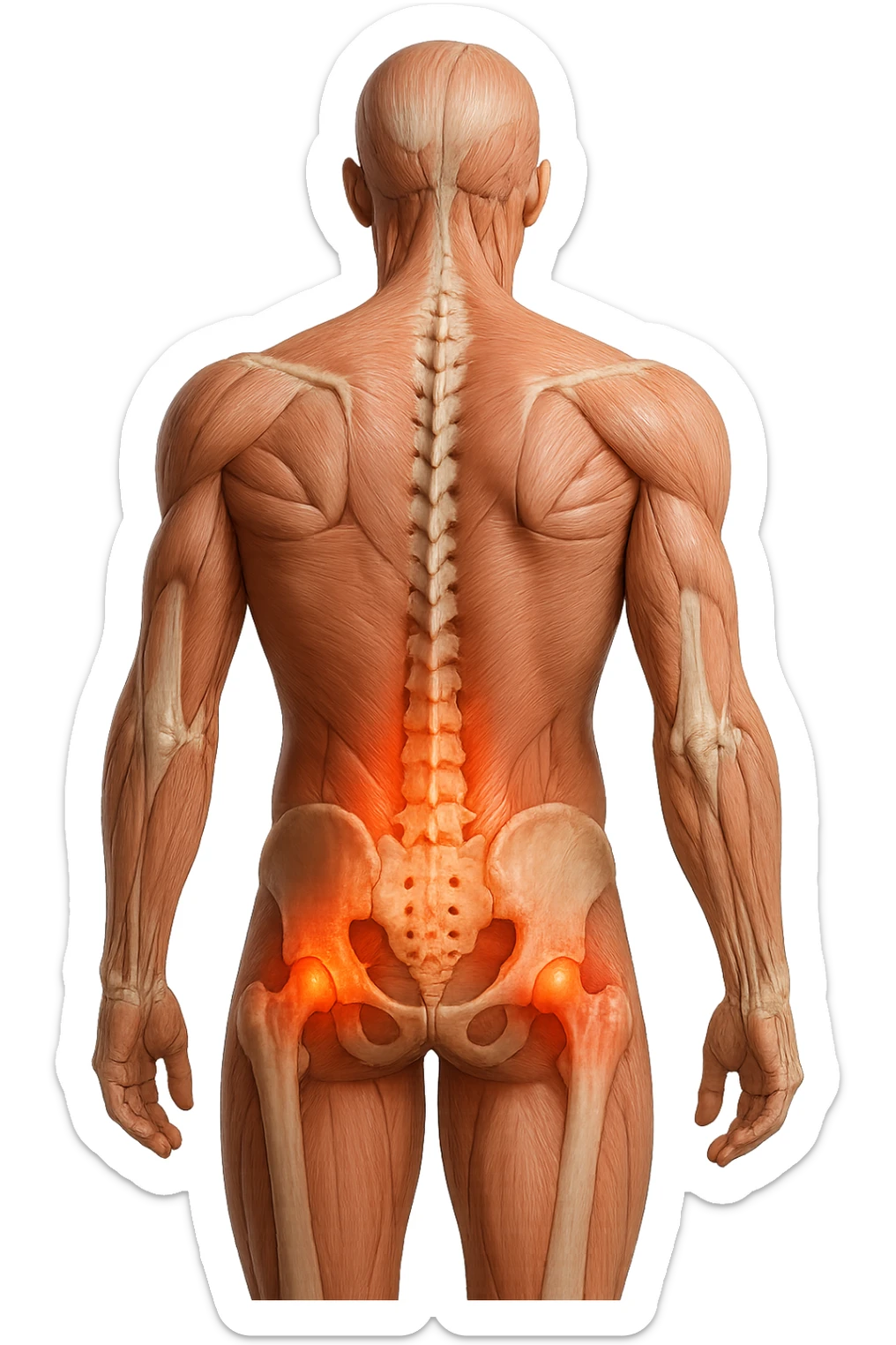 CORPO UMANO ANATOMICO REALISTICO DI SPALLE CON DOLORE ALLA LOMBARE INFIAMMATA, DOLORE ALL'ANCA, IPERREALISTICO 4K sticker