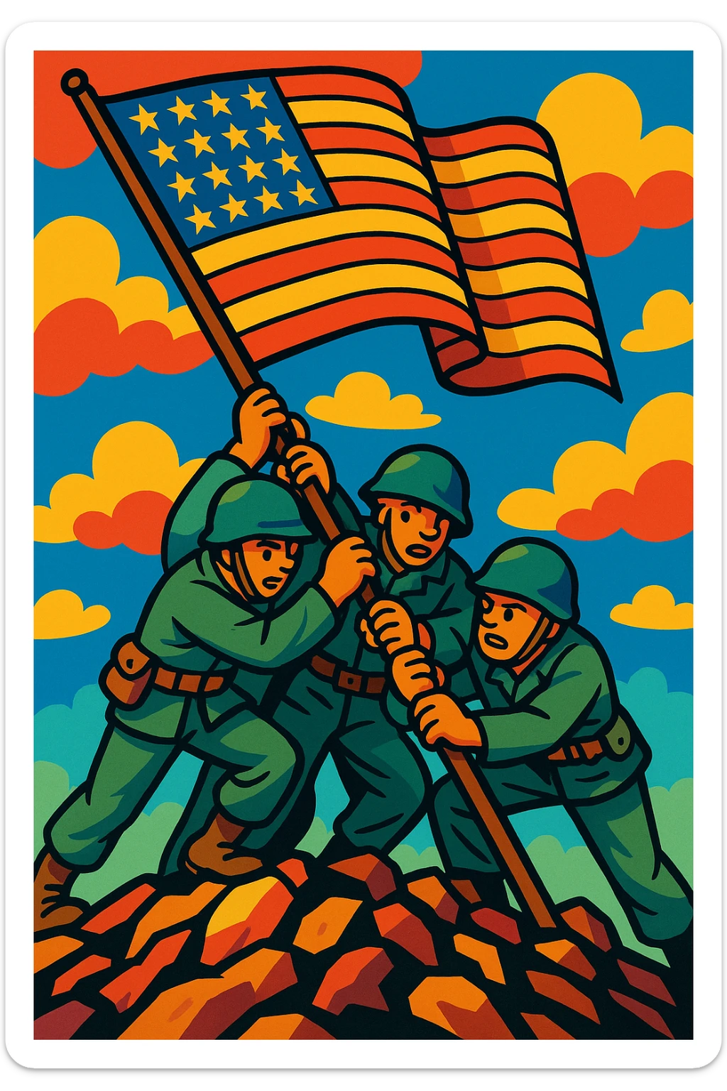 three soldiers pushing a flagpole inspired by the Raising the Flag on Iwo Jima photo, vibrant toon style, colorful and expressive, no text sticker