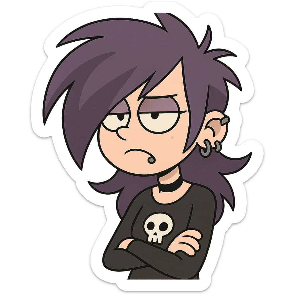 purple haired emo character, cartoon style, dramatic hair, piercings sticker