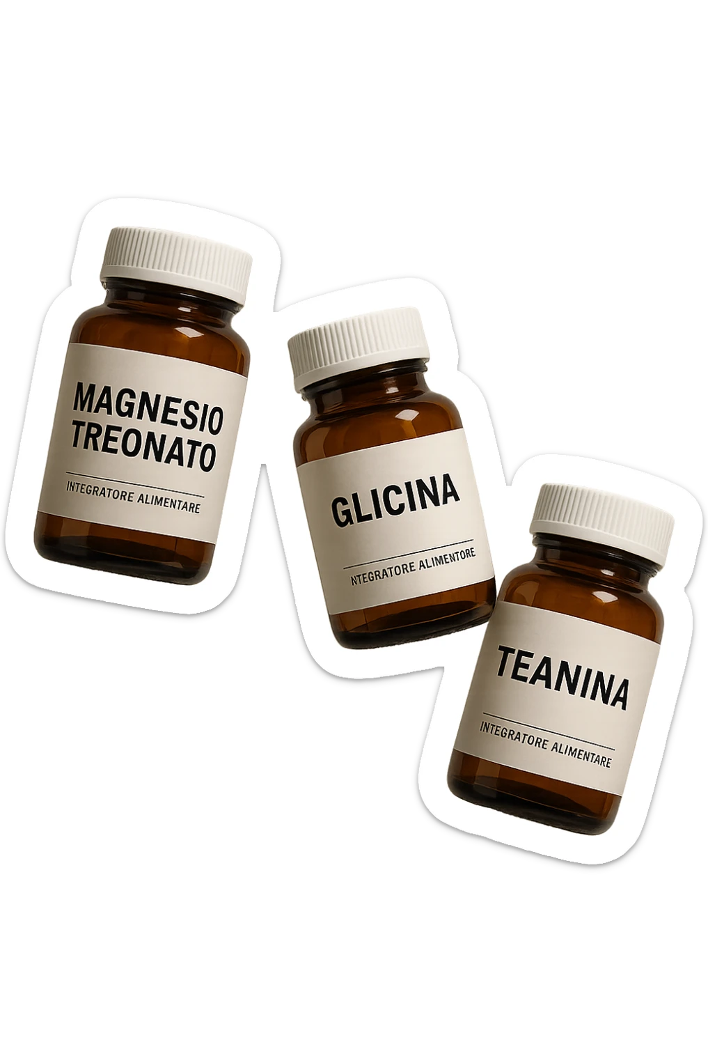 3 boccette di integratori: Magnesio Treonato, glicina, teanina in italiano, fluttuano in aria sticker