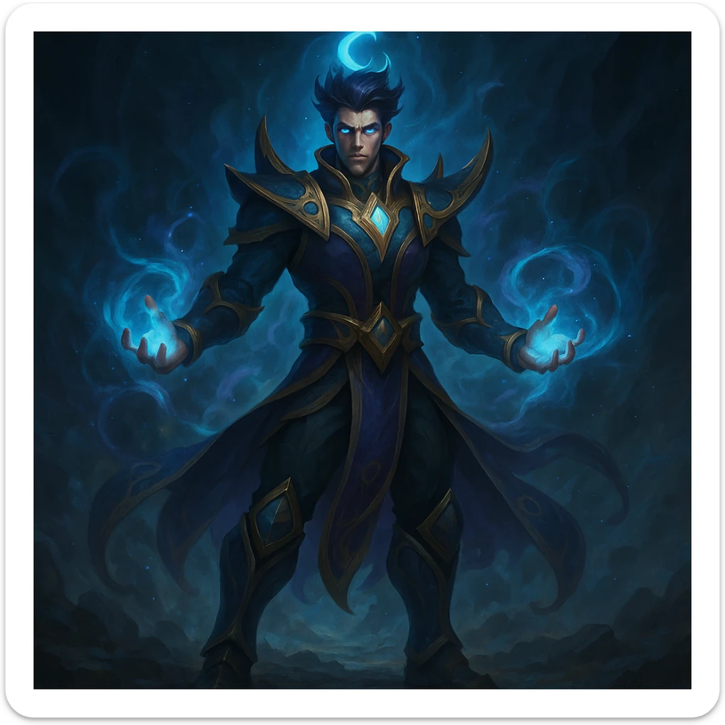 League of Legends character, epic stance, mystical aura, intricate costume, game art style sticker