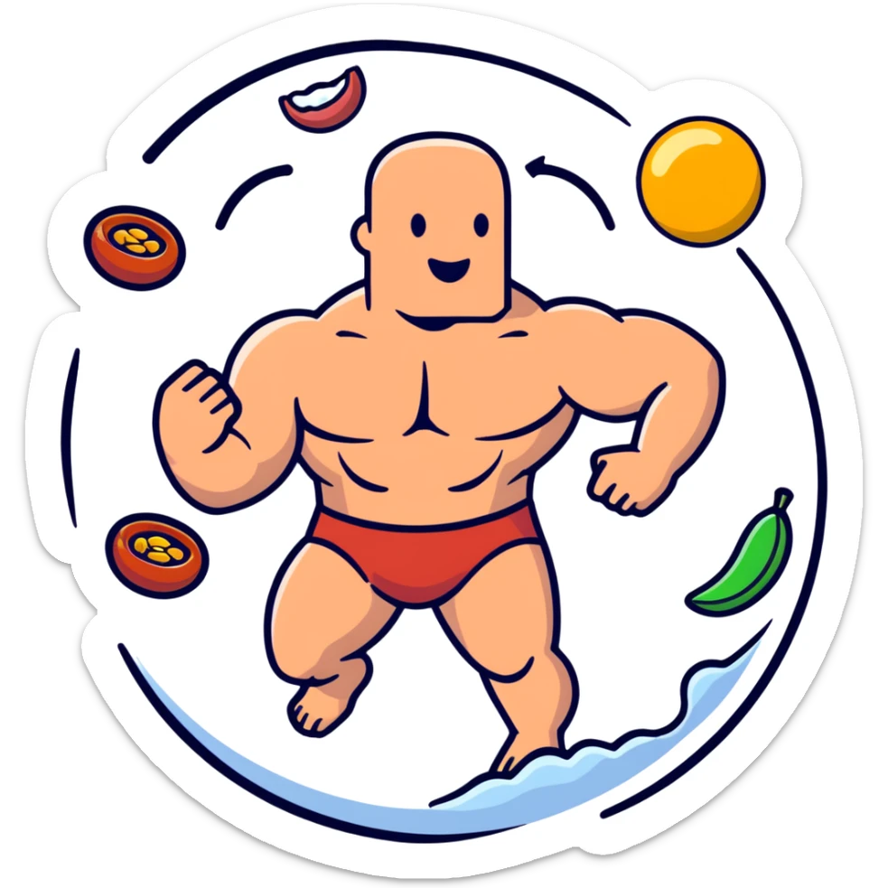 A floating warm orb with bright food icons (meat, egg, beans, tofu, yogurt) orbiting around a semi-transparent muscular human body. The body glows from within, with visible muscle fibers vibrating and expanding. sticker