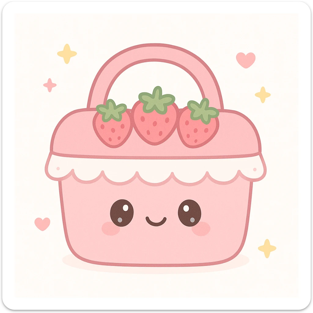 a pink picnic basket with strawberries and lace, cottagecore style, gentle and romantic sticker