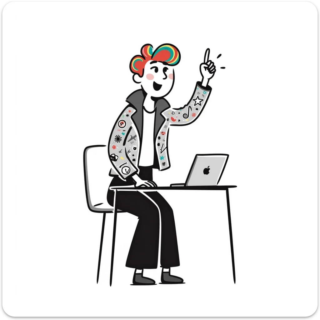 Edgy female rock musician with colorful tattoo sleeve, undercut hairstyle with vibrant dyed hair, wearing leather jacket, sitting at classroom desk with laptop, hand raised enthusiastically sticker