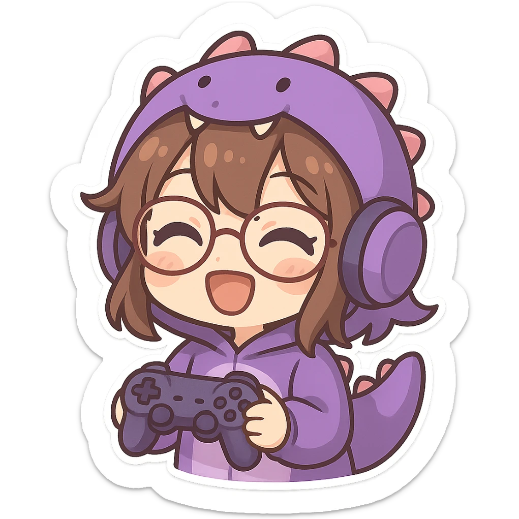 chibi anime style gamer girl with glasses, brown hair, dark purple eyes, wearing a purple dinosaur costume, happy emote sticker