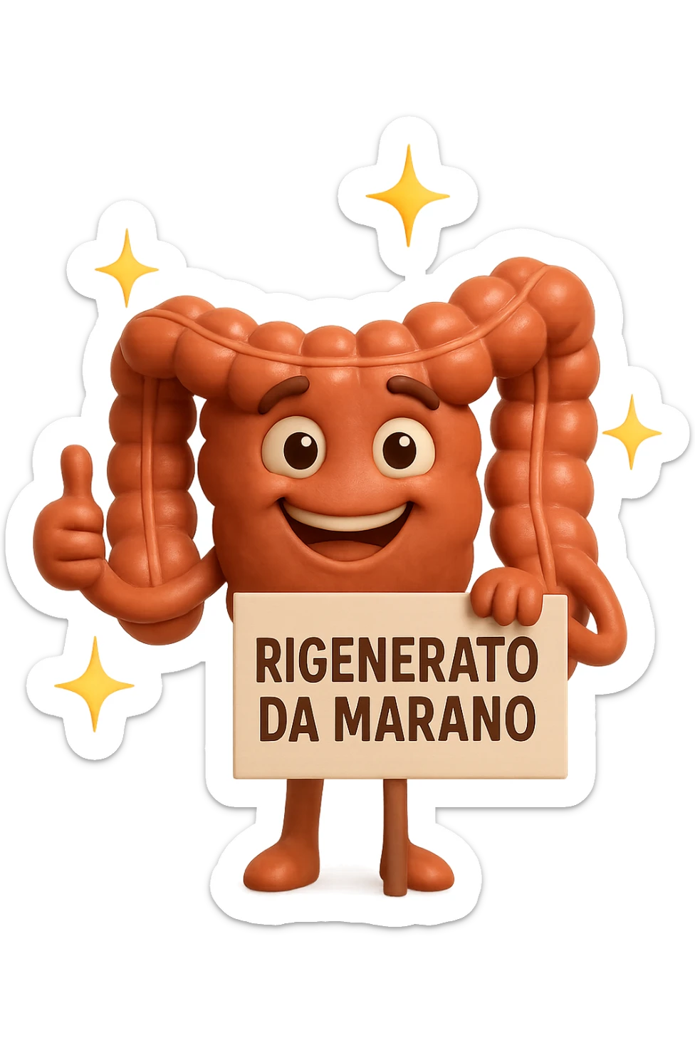 fammi un intestino identico a questo, ma felice e con le scintille di splendore dorate sopra, si sta rinnovando come se fosse in ottima salute, in mano ha un cartello con la scritta "RIGENERATO DA MARANO" sticker