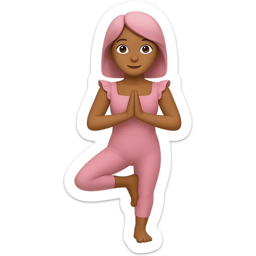 A girl standing in a yoga pose in a pink bodysuit with a square neckline and ruffled cap sleeves, apple style emoji sticker