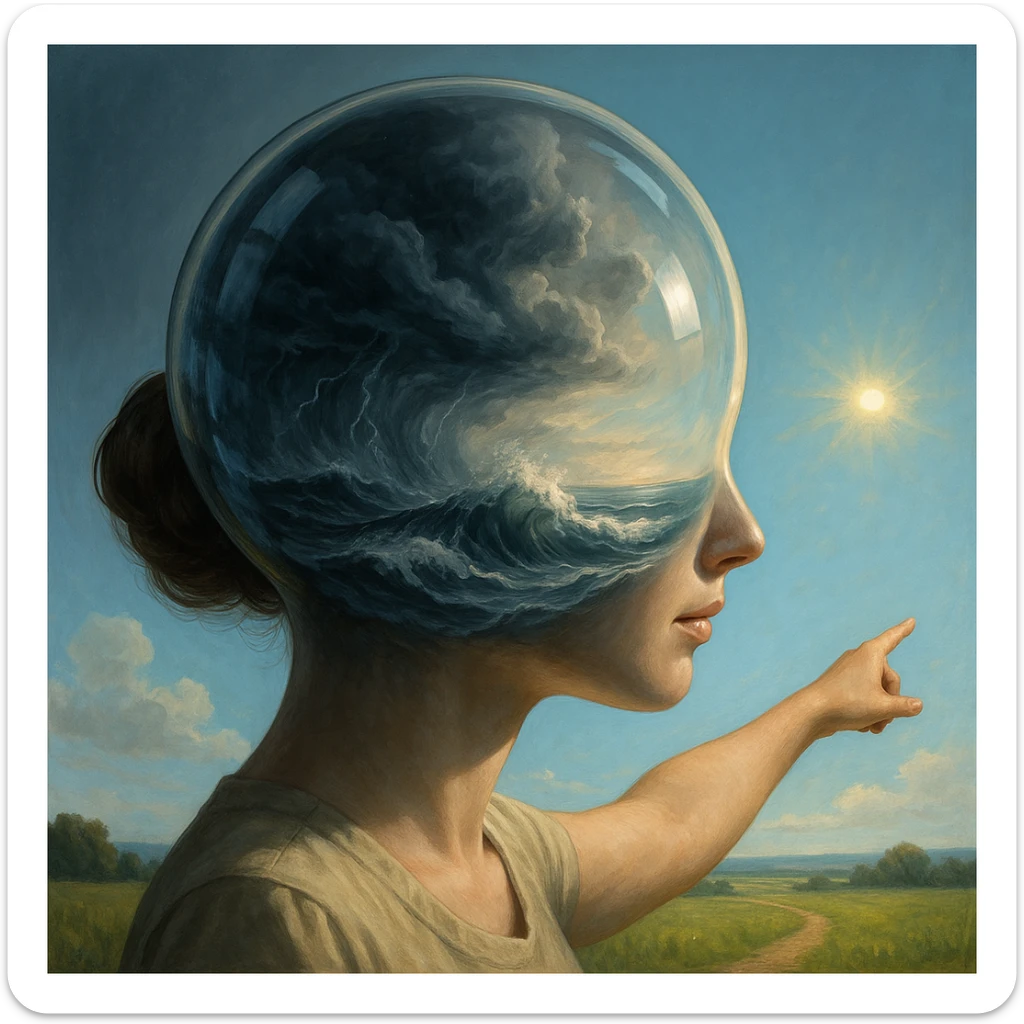 Surreal close-up of a woman's head as a glass globe, inside stormy memories play on loop, outside her body points to sunny present-day opportunities, hyperrealistic 4K, poetic and surreal atmosphere, strong contrast between inside and outside sticker