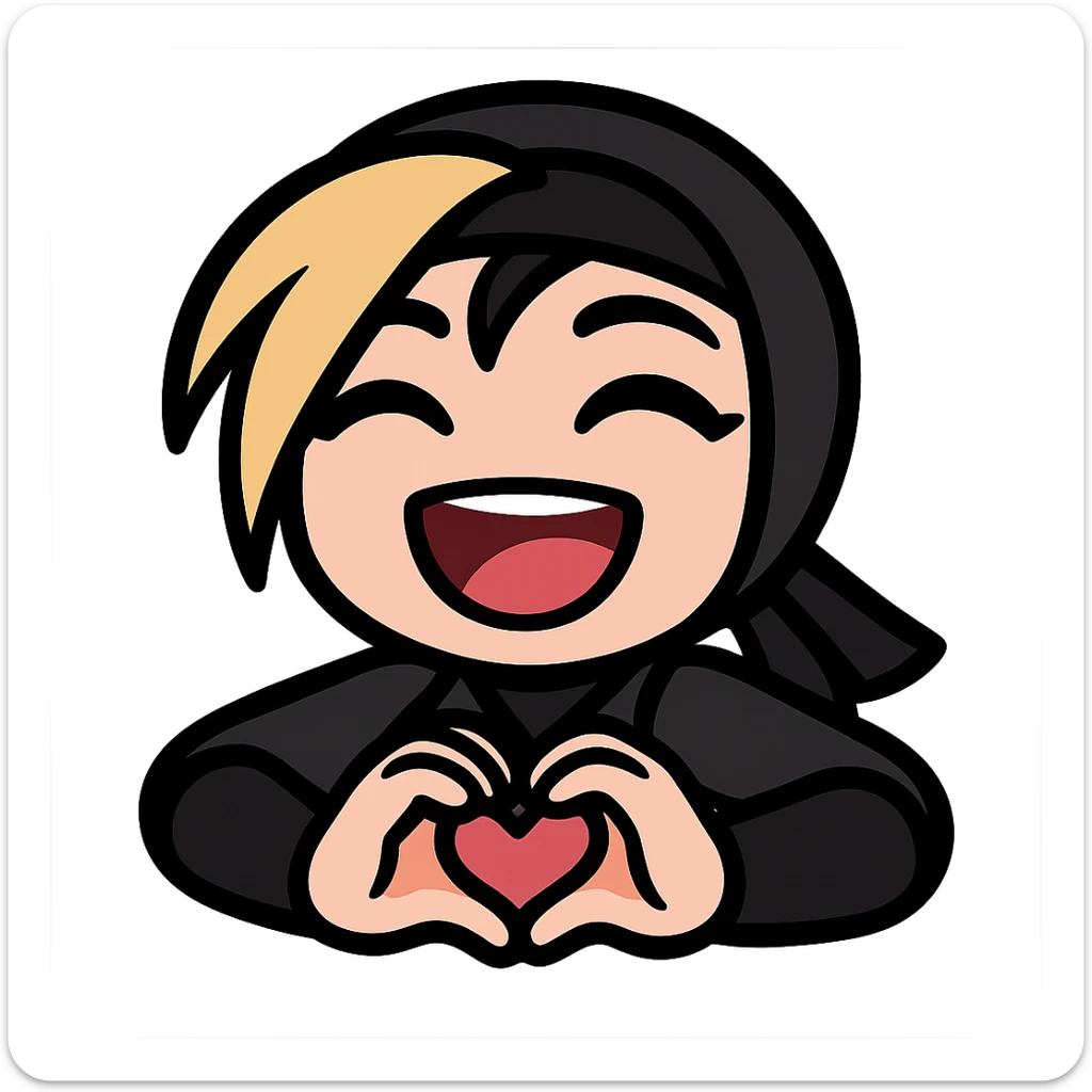 Sexy chibi ninja girl with black short hair and a blonde streak, only head and arms, making a heart gesture with her hands, bold outlines, transparent background, no mask, showing a laughing emotion, sized for Twitch emoji use. sticker