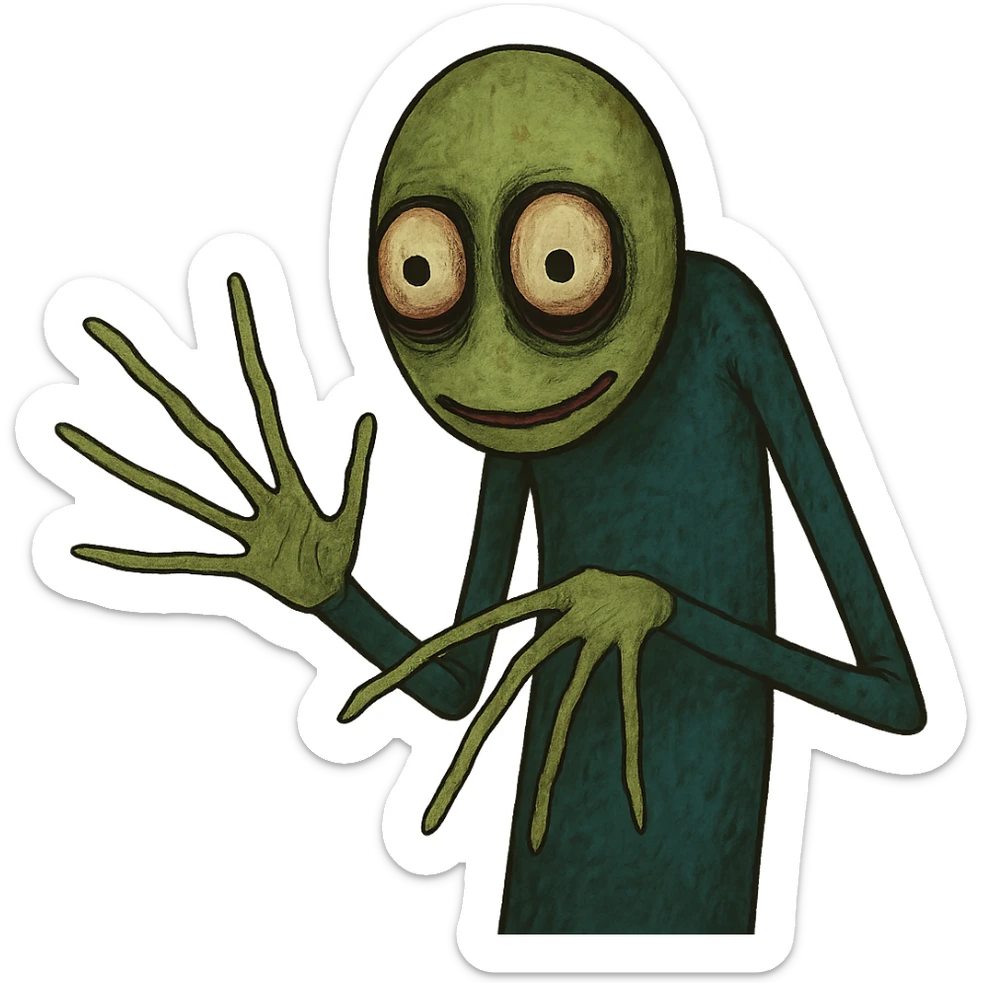 Salad Fingers character, unsettling and quirky, green skin, thin fingers, surreal style sticker