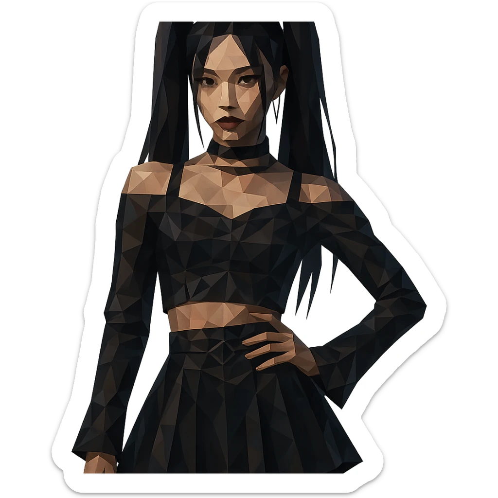 K-pop inspired gothic girl, polygonal style, geometric shapes, dark color palette, stylish stage outfit sticker