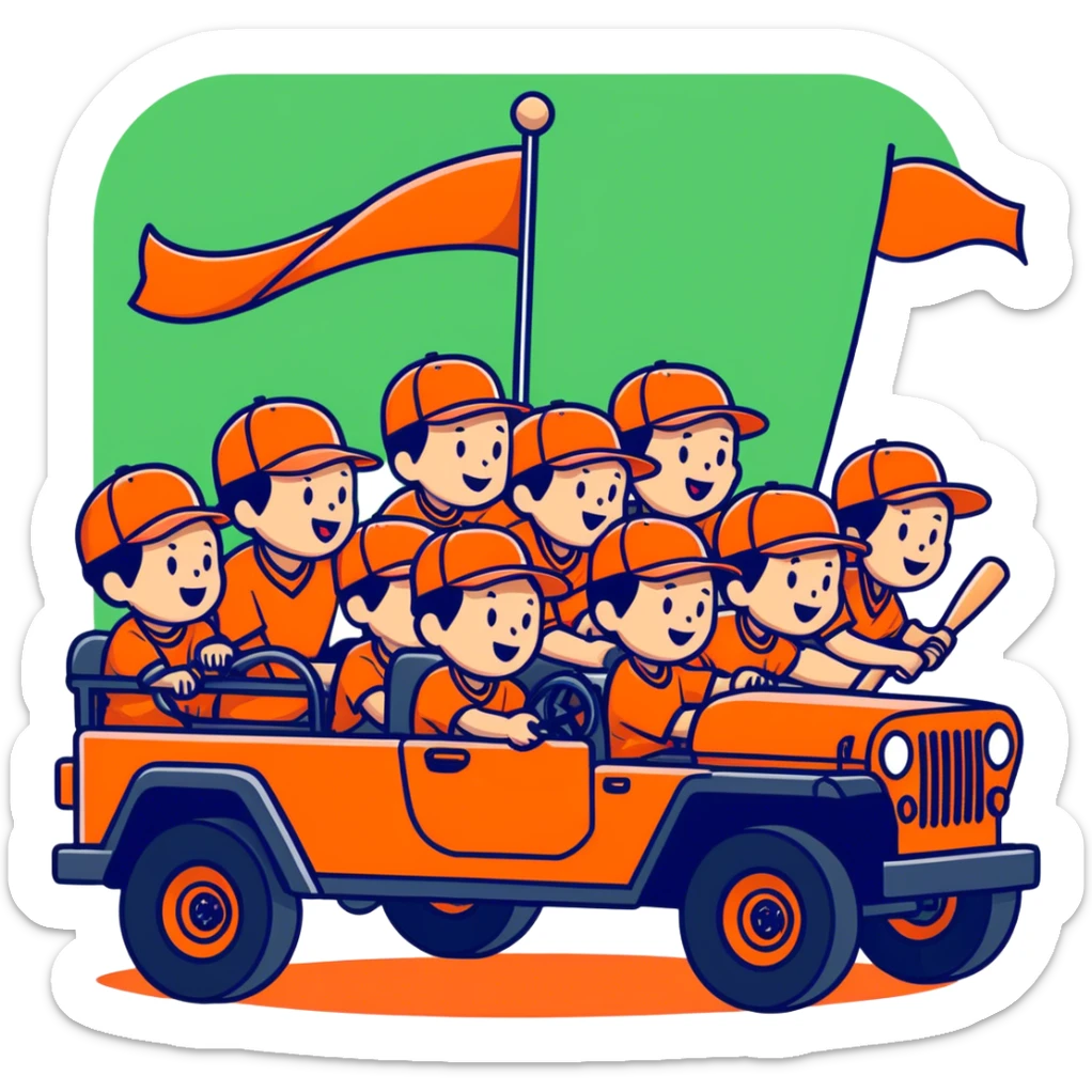 12 little league baseball players with orange hats riding on a red jeep in a parade sticker