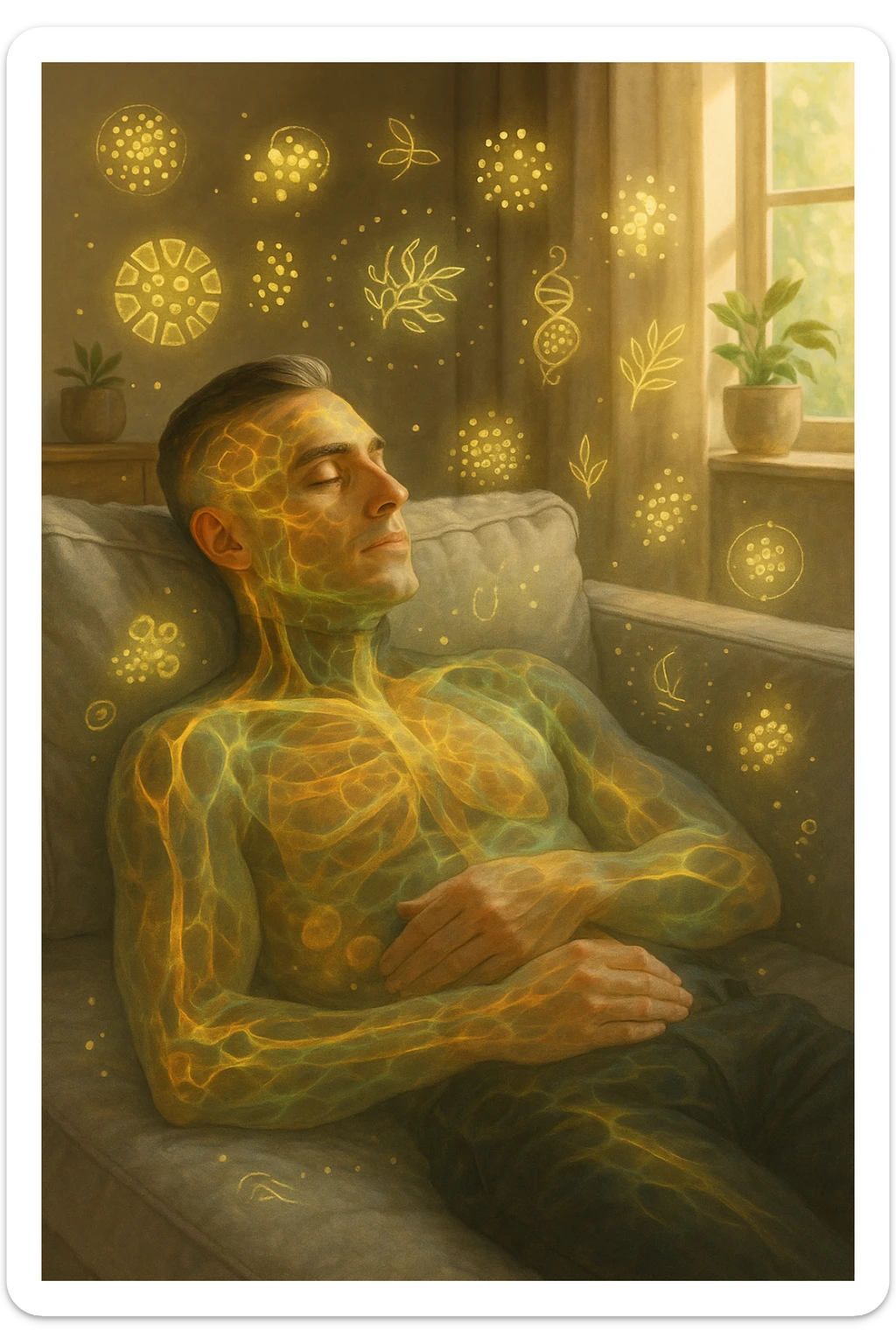 Uomo sdraiato su un divano nel primo pomeriggio, mentre fa un breve riposino. Il suo corpo appare parzialmente trasparente o stilizzato, con luce calda e flussi energetici dorati e verdi che scorrono attraverso muscoli, cervello, e organi. Intorno a lui si vedono piccoli simboli di rigenerazione: cellule che si rinnovano, tessuti che si illuminano, aura rilassata. L'ambiente è calmo e ordinato, luce naturale che entra da una finestra, atmosfera rigenerante, stile iperrealistico con accenti metaforici. sticker