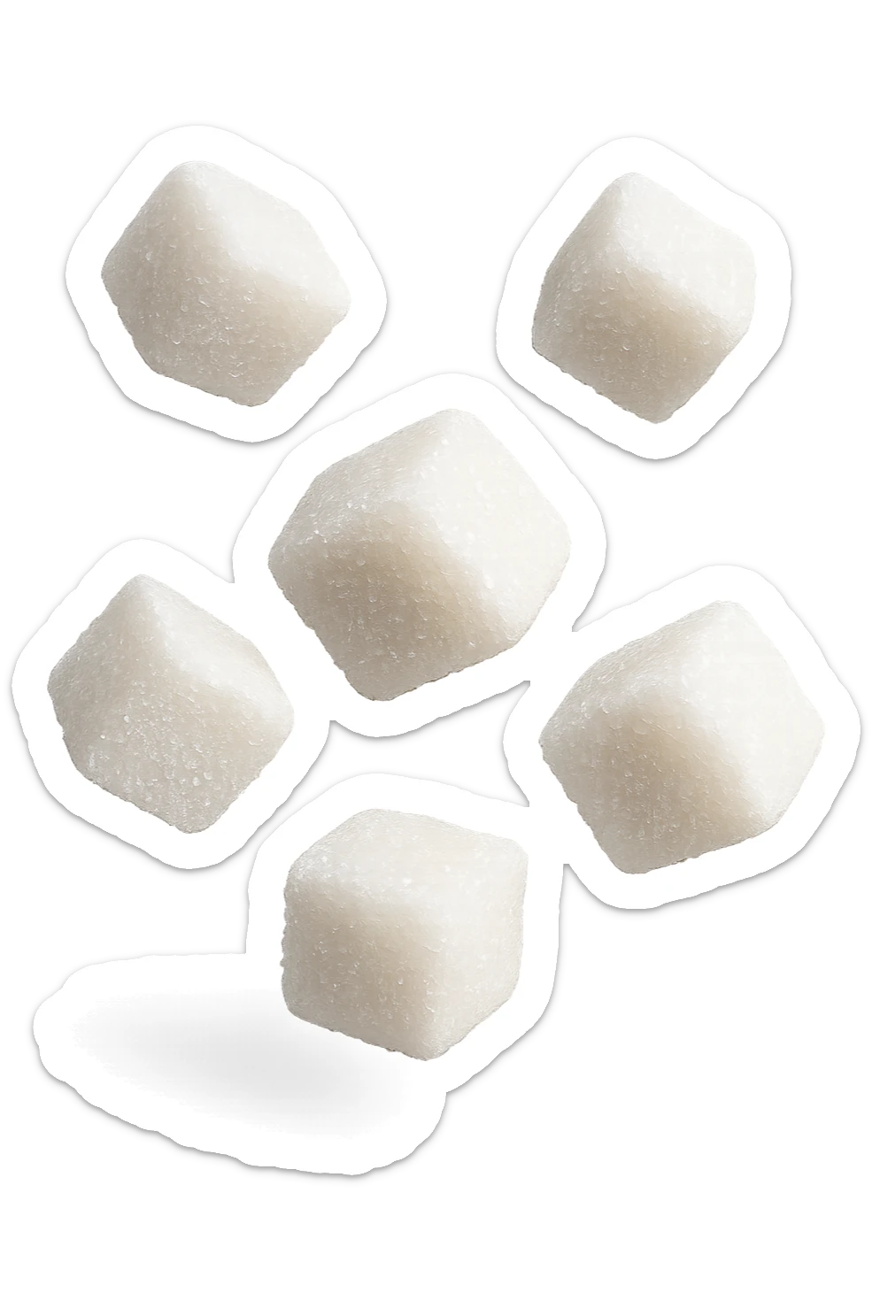 emoji stile iphone di zollette di zucchero che fluttuano in aria, iperrealistico 4k, isolato su sfondo bianco sticker
