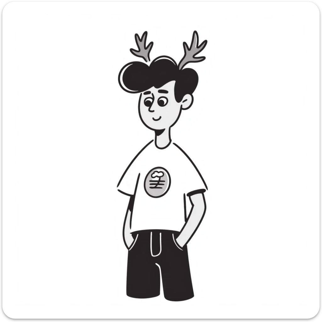 A casual guy with deer antlers, wearing a t-shirt and jeans, with a sad or thoughtful facial expression, neutral background, no snow sticker