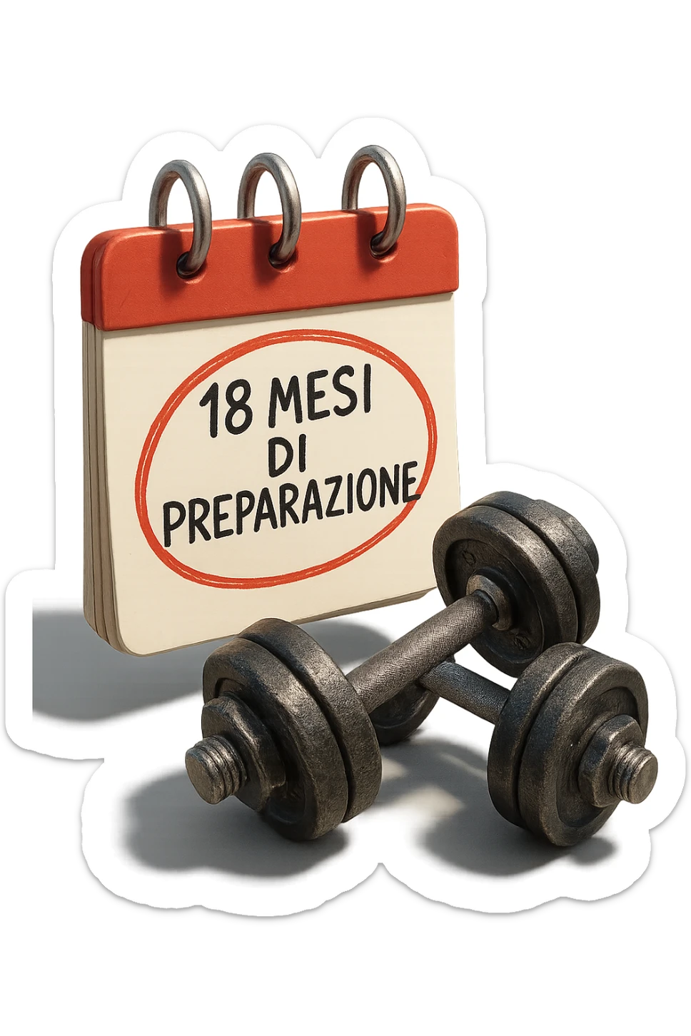 foglio di calendario con manubri da palestra disegnati e la scritta a penna "18 MESI DI PREPARAZIONE" CERCHIATA IN ROSSO, FALLO MOLTO REALISTICO IN 3D sticker