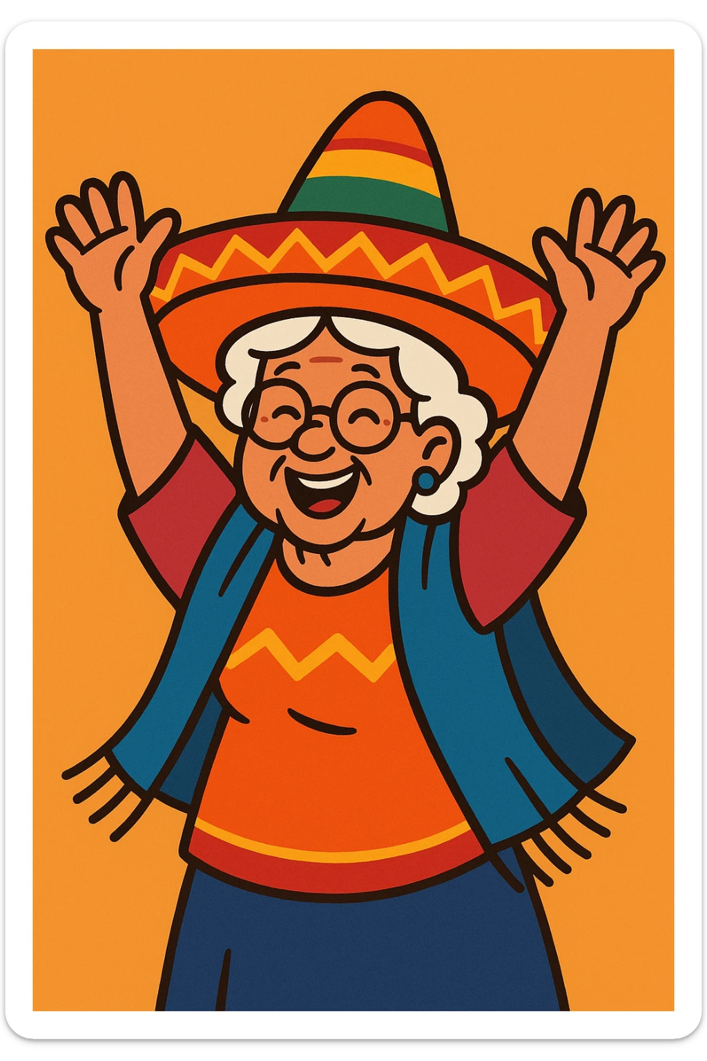 happy grandmother in a colorful sombrero, arms up, festive mood sticker