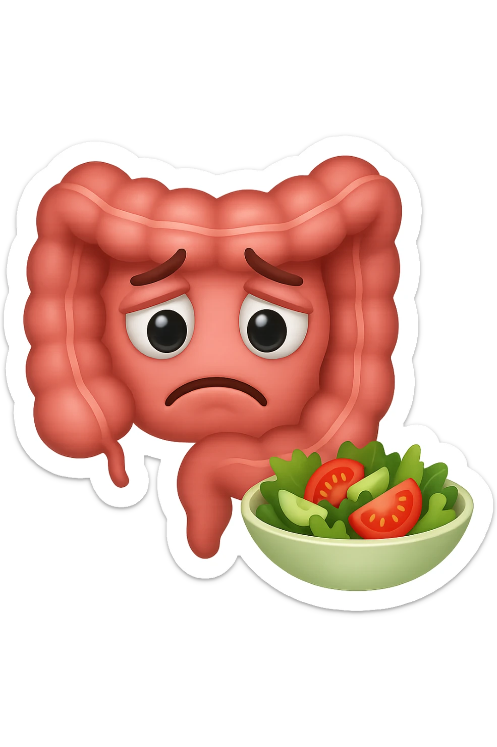 EMOJI STILE IPHONE DI UN INTESTINO UMANO ANATOMICO CHE GUARDA UN INSALATA CON ESPRESSIONE TRISTE E RASSEGNATA IN VOLTO: SOFFRE LA FAME PERCHé è A DIETA, FAGLI ANCHE LA PARTE BIANCA DEGLI OCCHI, NON SOLO LE PUPILLE sticker