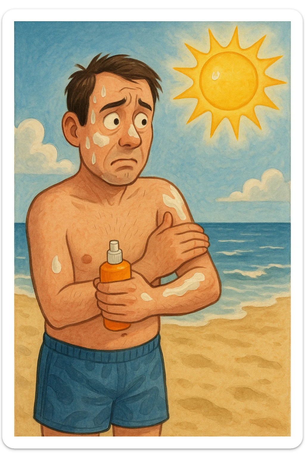 uomo a mare che si mette la crema solare perchè ha paura del sole sticker