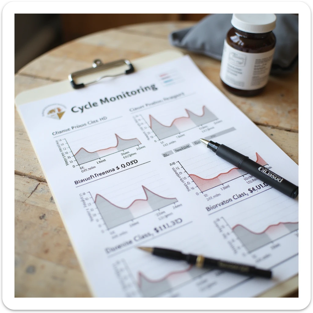 hyperrealistic 4K cycle monitoring sheet with graphs of weight, blood pressure, blood values, pen and supplements nearby, detailed sticker
