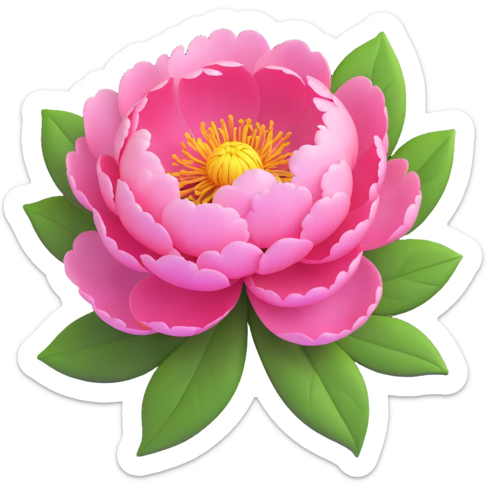 A pink peony flower in 3D iOS style with green leaves, detailed petals, and a soft, vibrant color scheme. sticker
