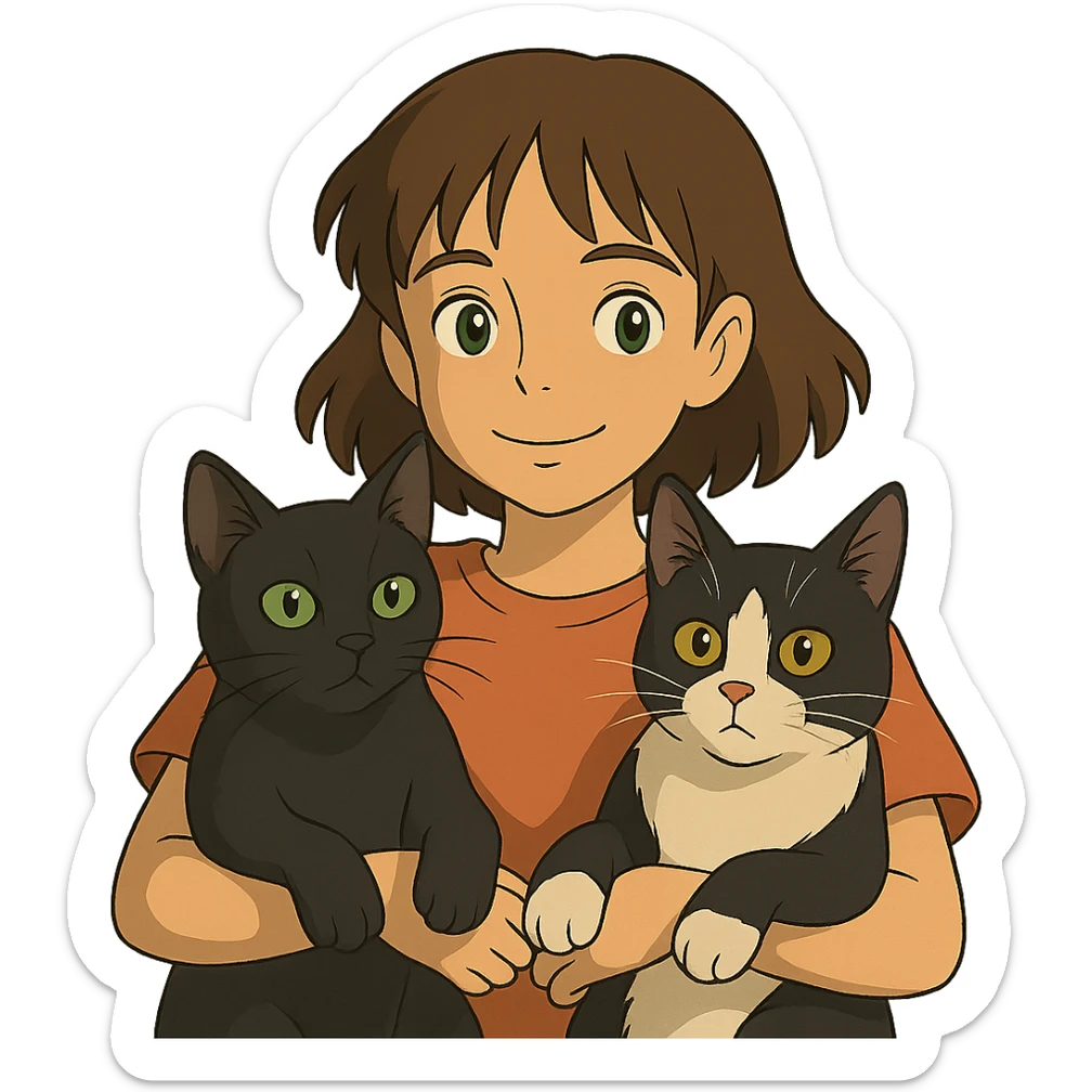ghibli style brown haired girl with light tan skin and brown eyes holding a black Bombay cat with green eyes and a black and white Tuxedo cat with hazel eyes sticker