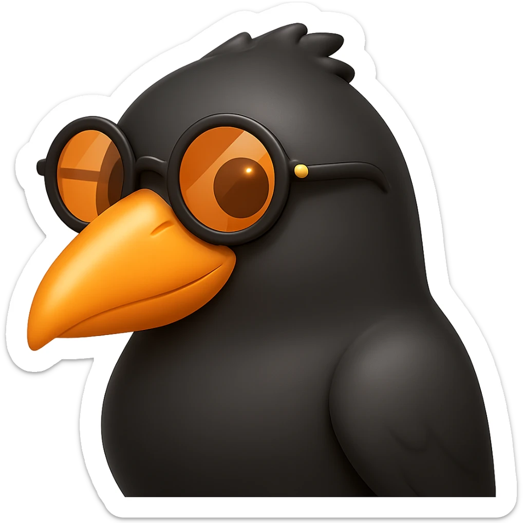 Make the bird emoji more emoji-like but keep the detailed, slightly cartoonish style of the reference. Smooth out the feather texture just a bit, add a subtle emoji shine, and keep the orange beak and round sunglasses. Bird looking to the right. No background. sticker