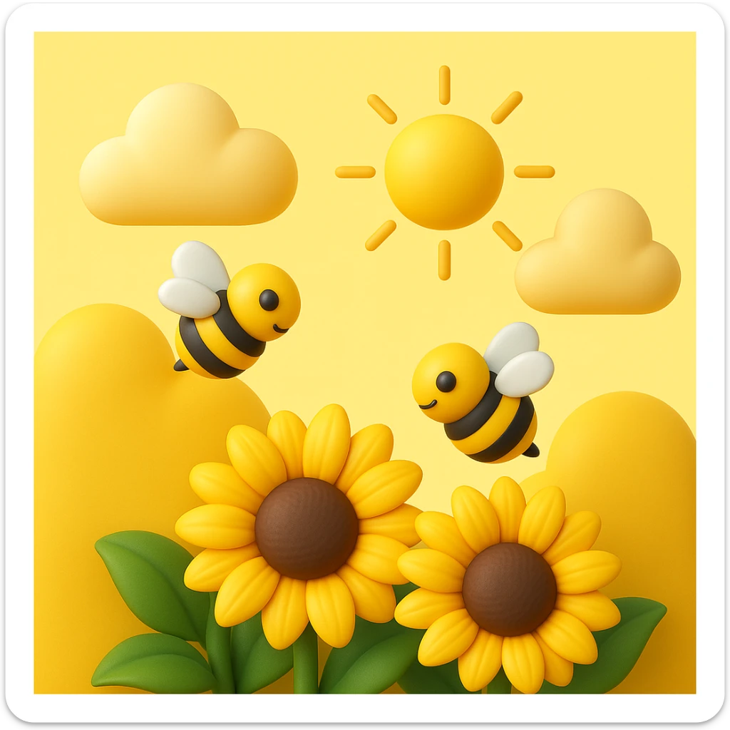 3D iOS style emoji of sunflowers with bees, a sun, and clouds in the background, mimicking the colors and composition of the reference image. sticker