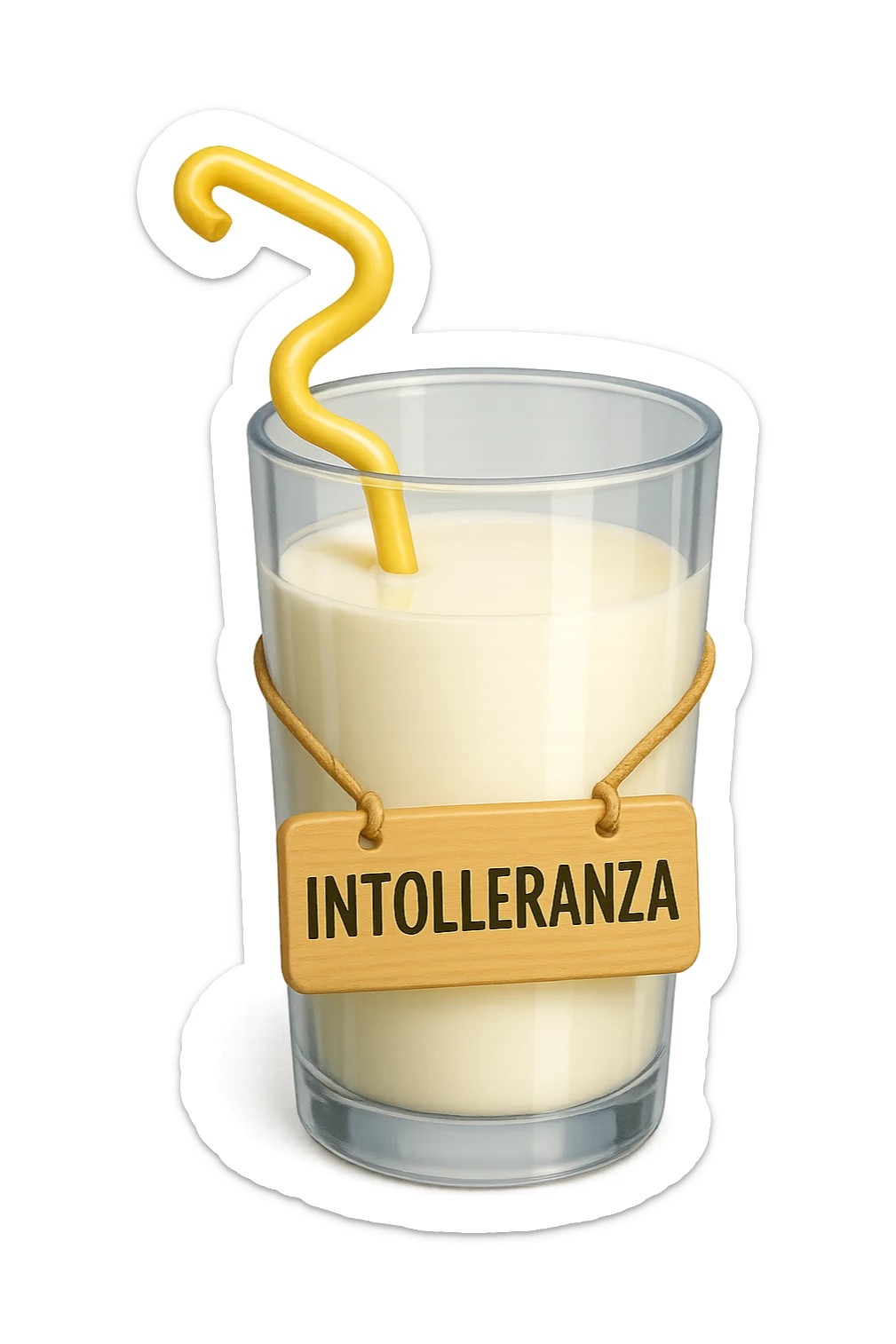 emoji stile iphone di un BICCHIERE DI LATTE CON COLON ATTORCIGLIATO INTORNO, HA UN CARTELLO CON LA SCRITTA "INTOLLERANZA" iperrealistico 4k, isolato su sfondo bianco sticker
