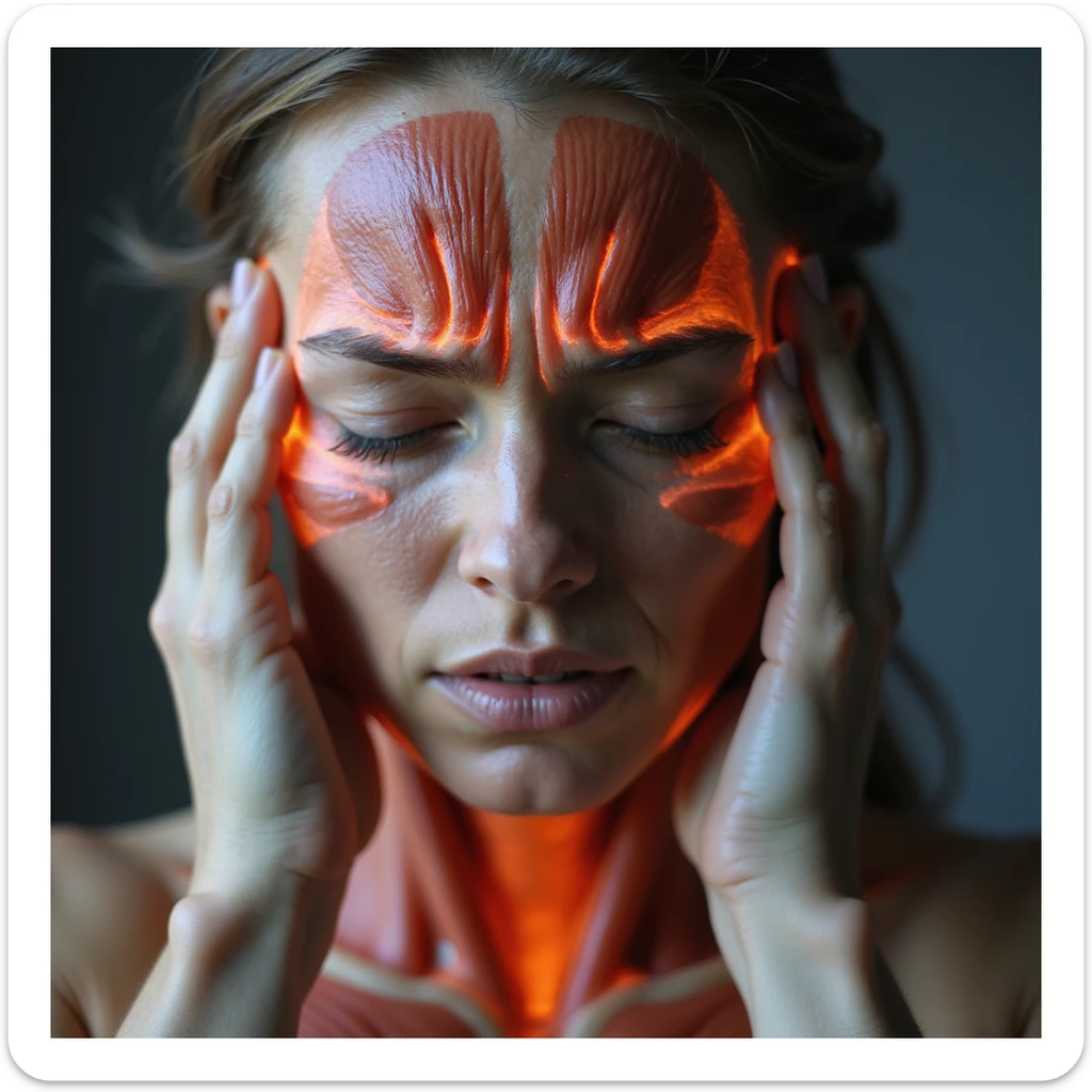 hyperrealistic 4K quality close-up of a woman with muscle-tension headache, eyes closed in pain, hands massaging temples, tense and reddened neck muscles, realistic anatomical details sticker