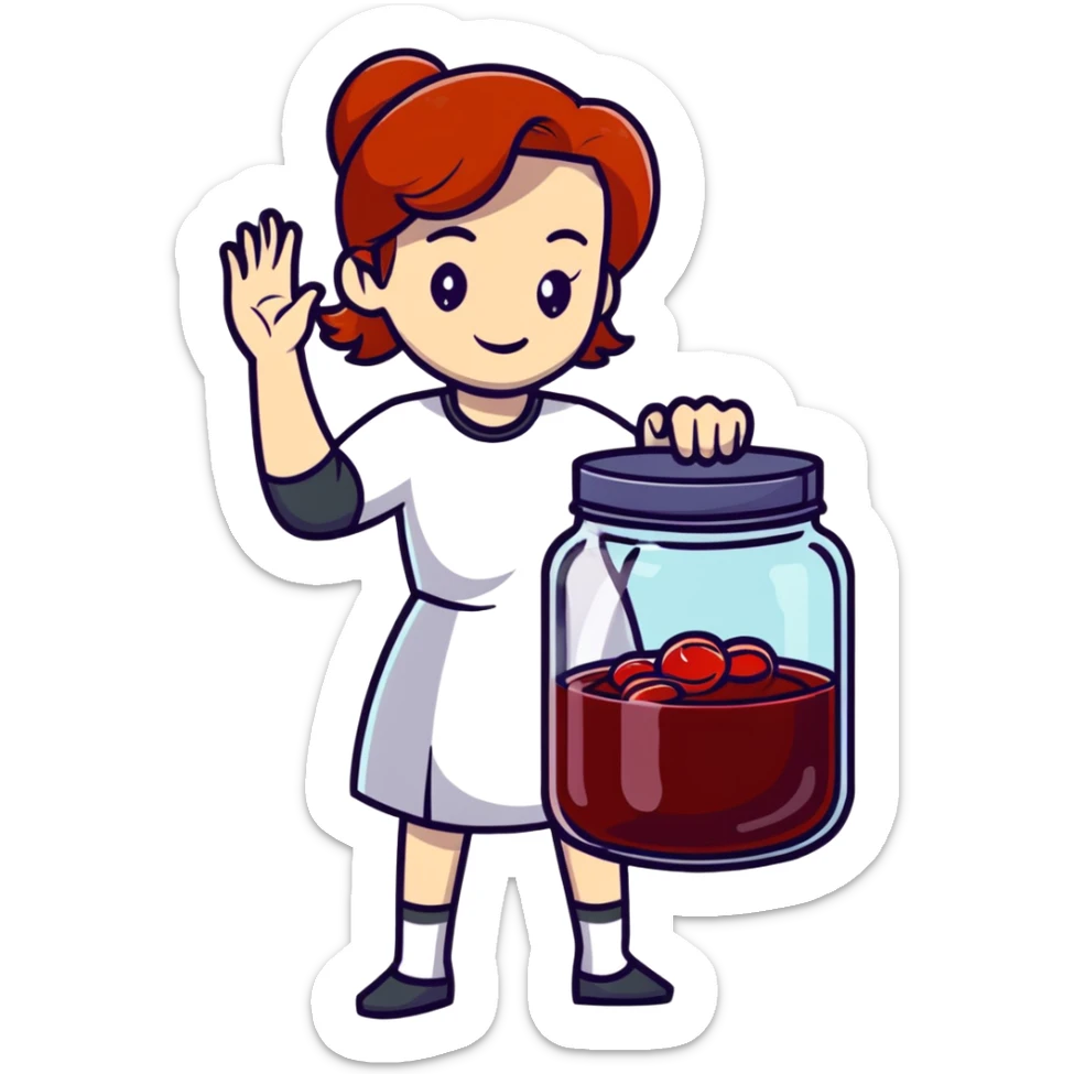 redhead woman showing a glass jar with jam at arms length, closeup sticker