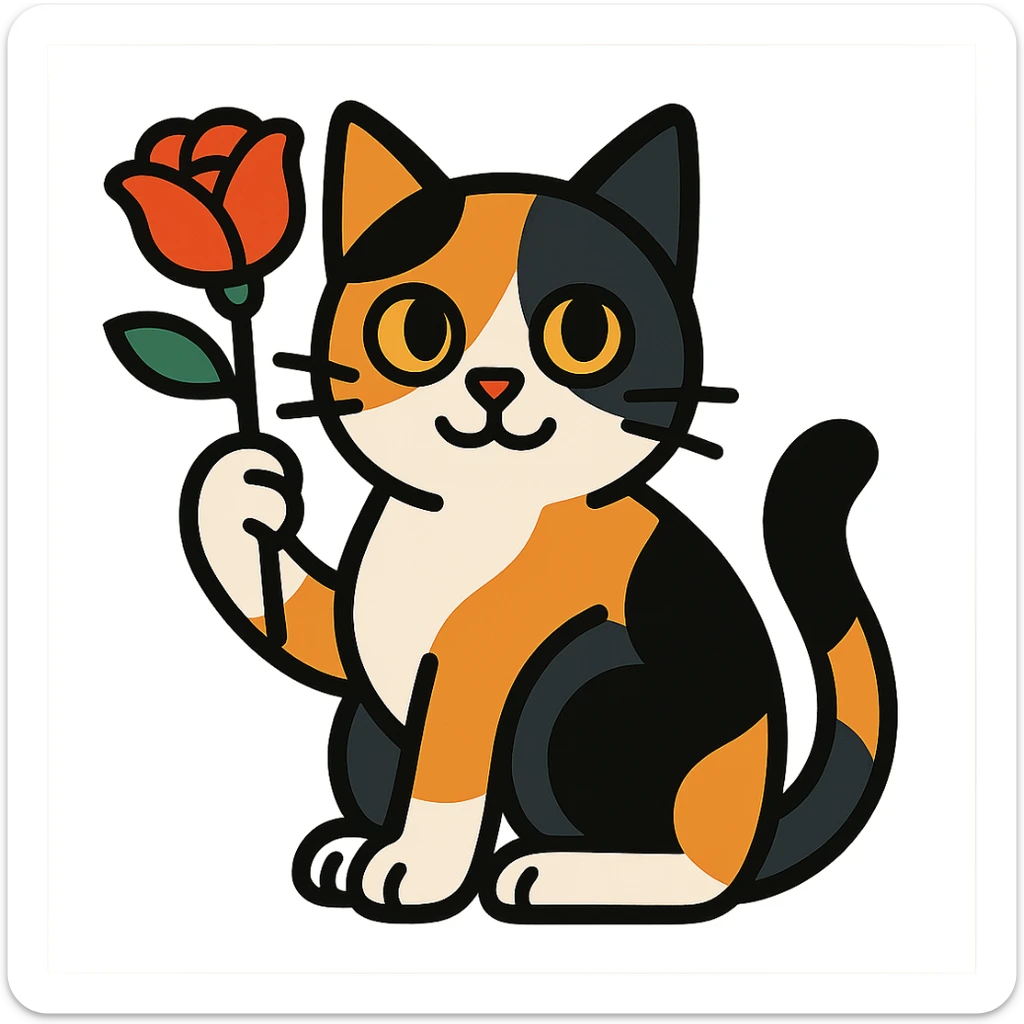 tricolor cat holding a rose sticker