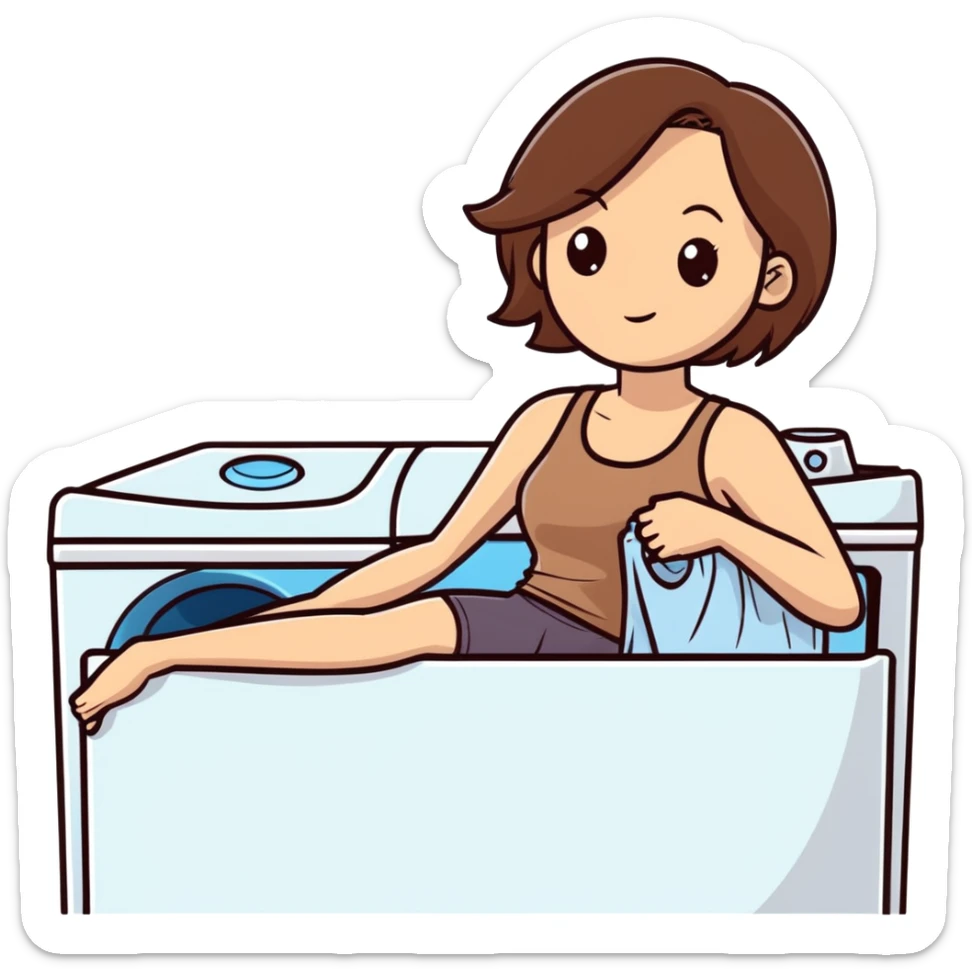 Caucasian woman with brown hair and big boobs wearing a tank top lying on a washer and dryer sticker