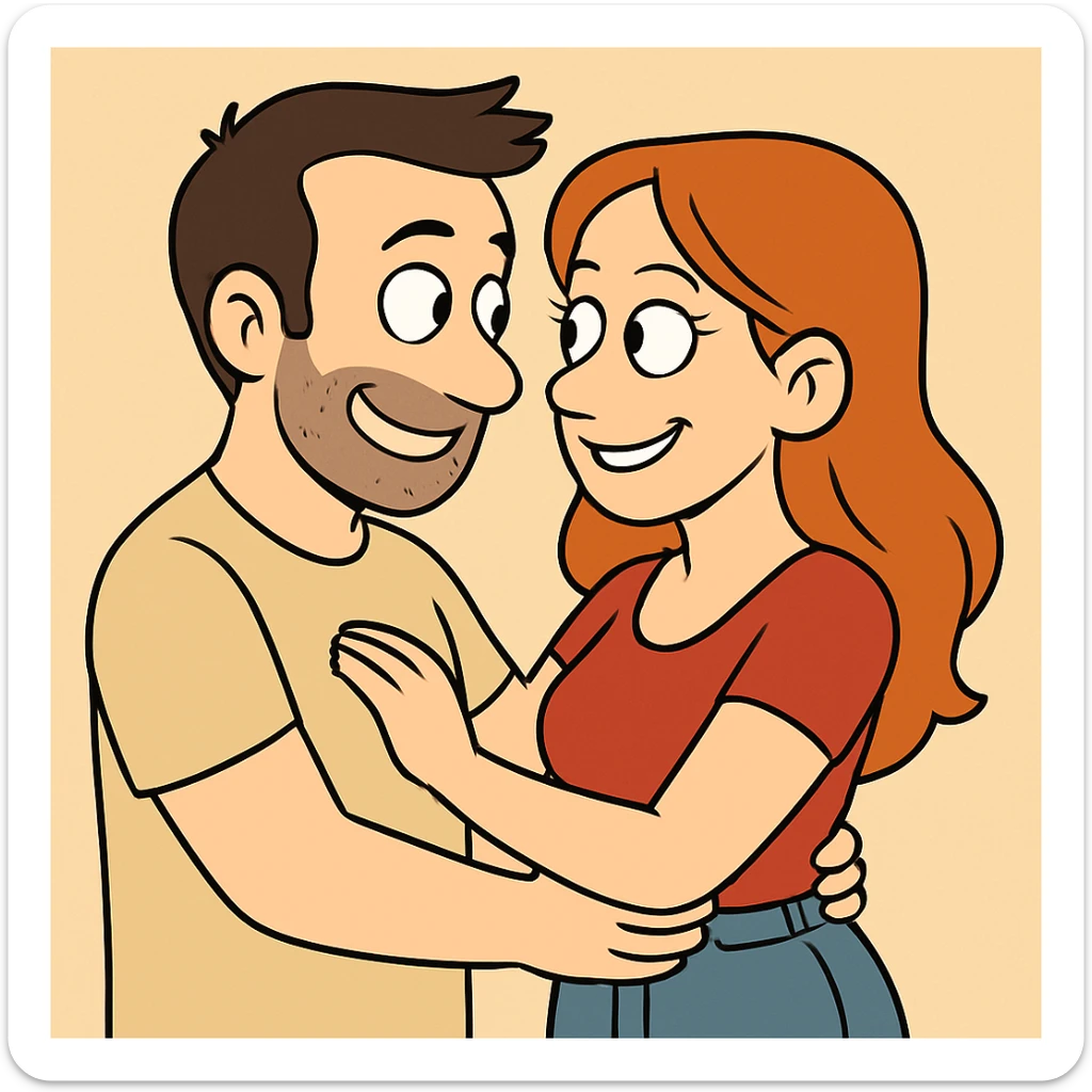 Change the scene so the woman and man are in love, smiling at each other, affectionate body language, same flat toon style and bold colors sticker