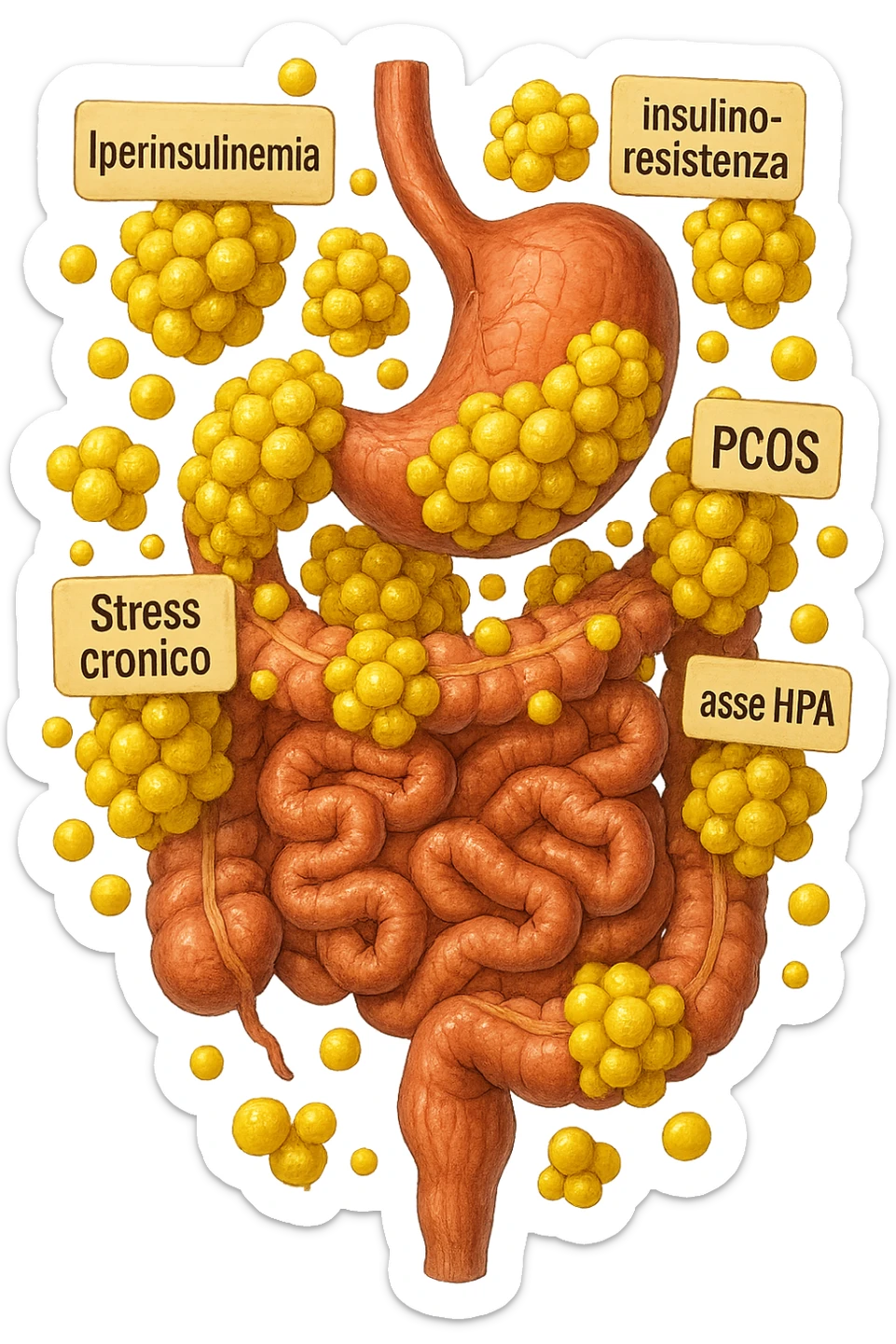 STOMACO E INTESTINO SONO VERTICALMENTE COLLEGATI E INTORNO A QUESTI ORGANI CI SONO CELLULE DI GRASSO GIALLE ATTACCATE SOPRA A GRAPPOLI, intorno fluttuano cellule di grasso giallo e alcune targhette con queste parole "Iperinsulinemia", "insulino-resistenza", "PCOS", "Stress cronico", "asse HPA", IPERREALISTICO 4K sticker