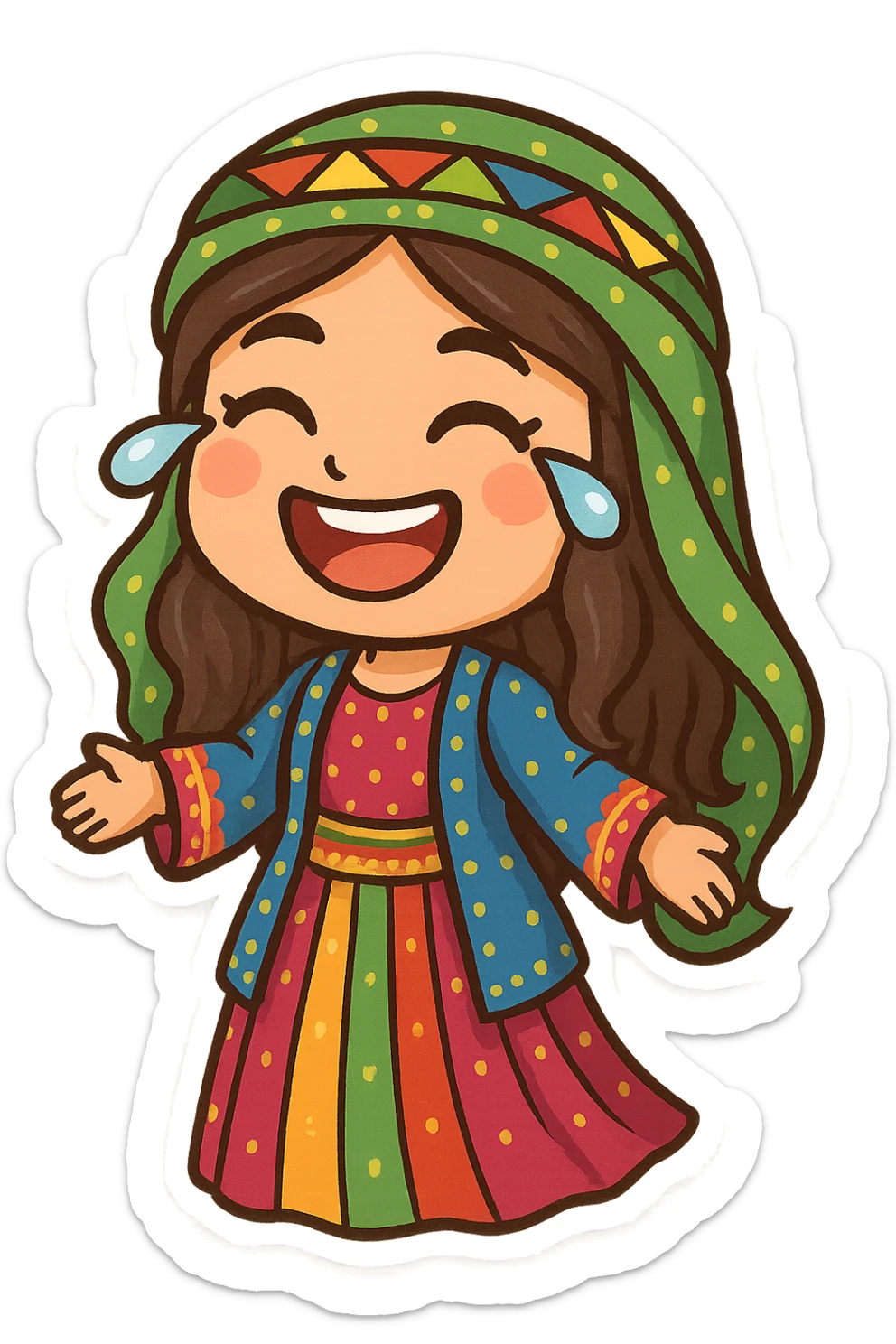 Cartoon sticker of a Kurdish woman wearing traditional Kurdish female clothing, colorful and cheerful, face with a big smile and tears of joy, no text, suitable for WhatsApp and Instagram, transparent background. sticker