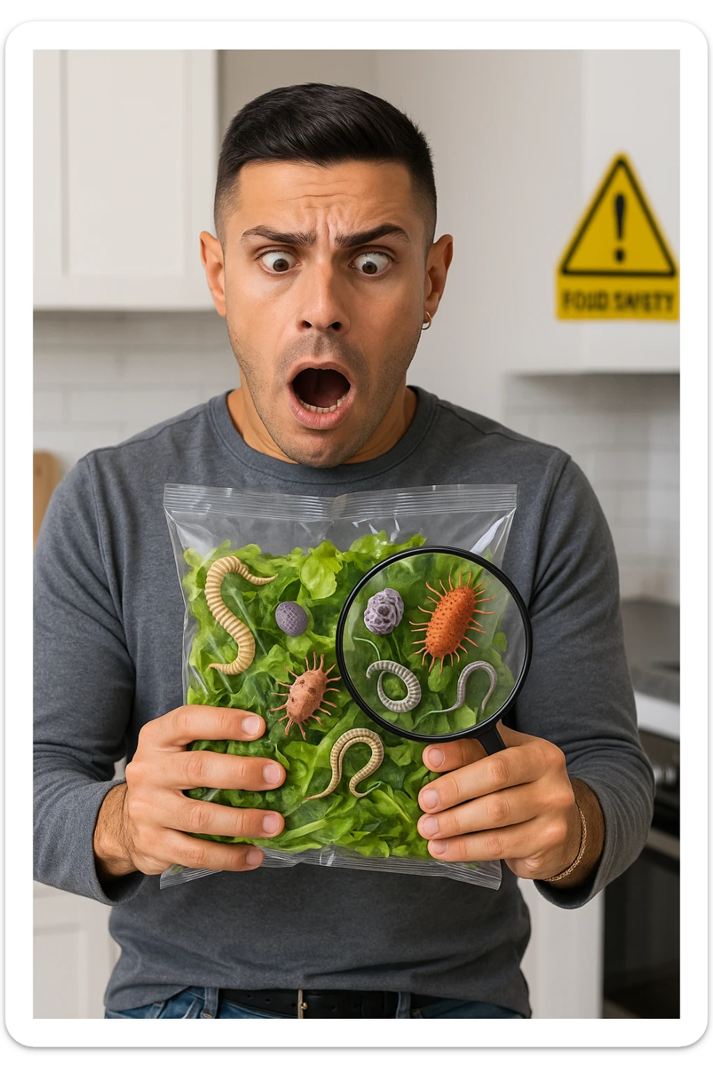 a man holds a bag of salad with both hands, his face frozen in shock as he looks at the contents. Inside the bag, exaggerated but realistic depictions of parasites and bacteria are visible, some highlighted with a magnifying glass overlay. The background is a clean kitchen, and a warning sign appears in the corner to reinforce the message about food safety. sticker