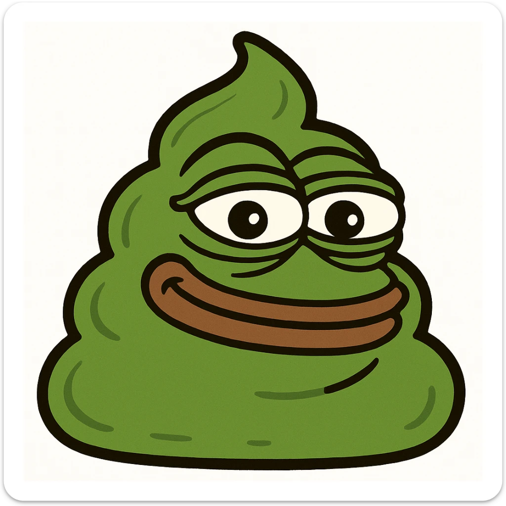 Make this green, goopy AI slop emoji look more like the classic poop emoji shape, but keep the green color and goopy, slimy texture. Add a mischievous, silly face in the style of Pepe the Frog meme. sticker