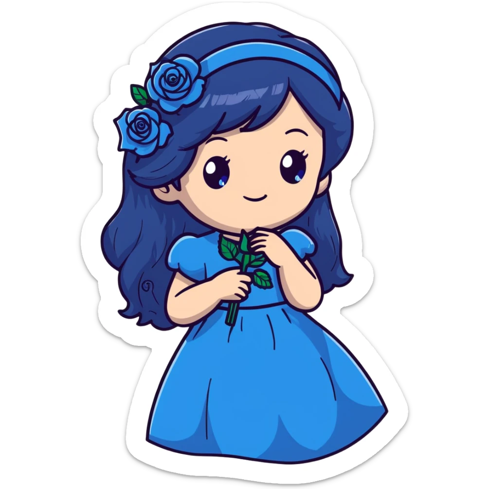 anime style girl with long dark blue hair, blue rose hair accessory, bright blue eyes, black dress, friendly smile sticker