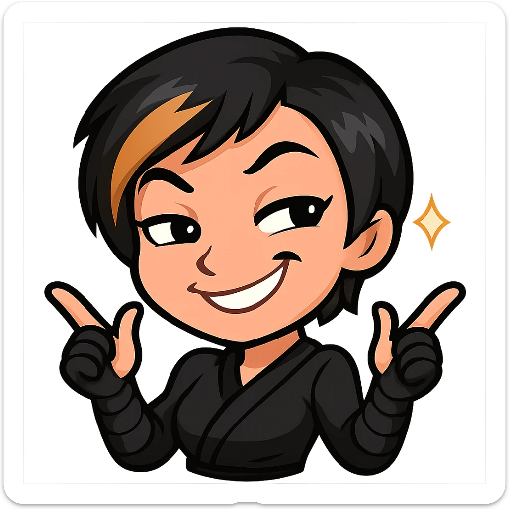 Sexy chibi ninja girl with black short hair and a blonde streak, only head and arms, colorful chibi style with bold outlines, transparent background, no mask, extra smug grin with both eyebrows raised and a little sparkle by her face, sized for Twitch emoji use. sticker