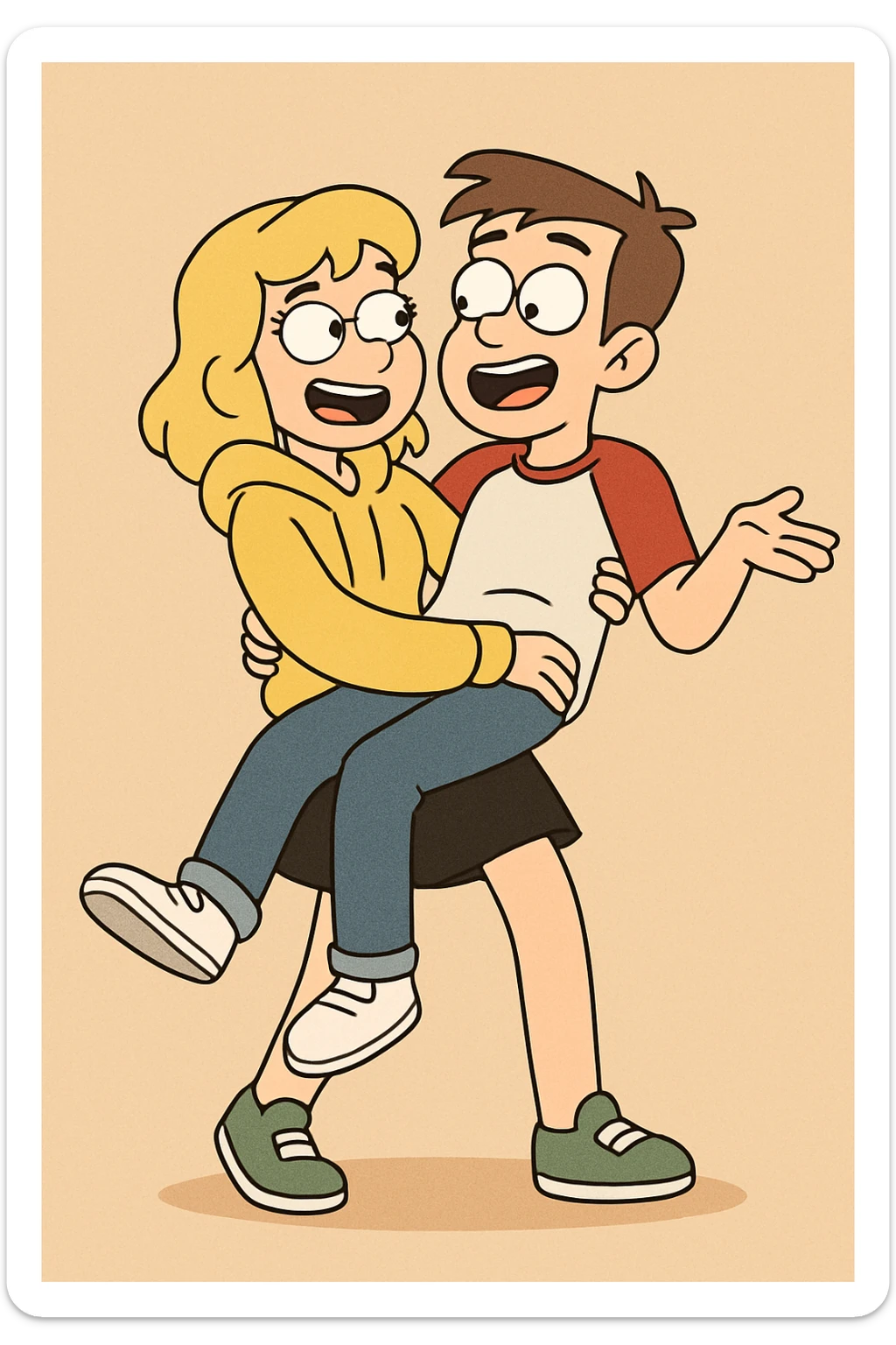 A man Raglan sleeves with Red t-shirts blue jeans white shoes carried by a cute a girl yellow hoodie black skirt green shoe  sticker