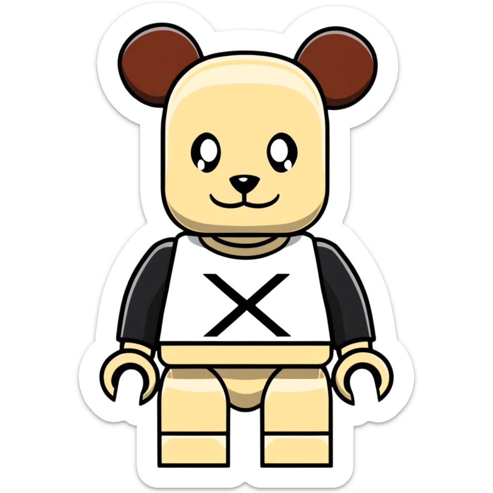 blocky Lego style bearbrick with X eyes, Lego brick joints, streetwear style, brand logos sticker