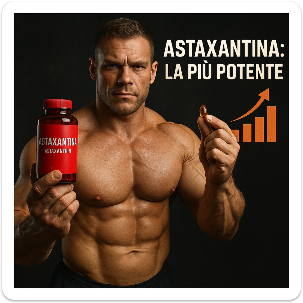 hyper realistic bodybuilder showing red bottle of Astaxantina, orange and golden capsule, bar chart, text 'Astaxantina: la più potente', motivational atmosphere sticker