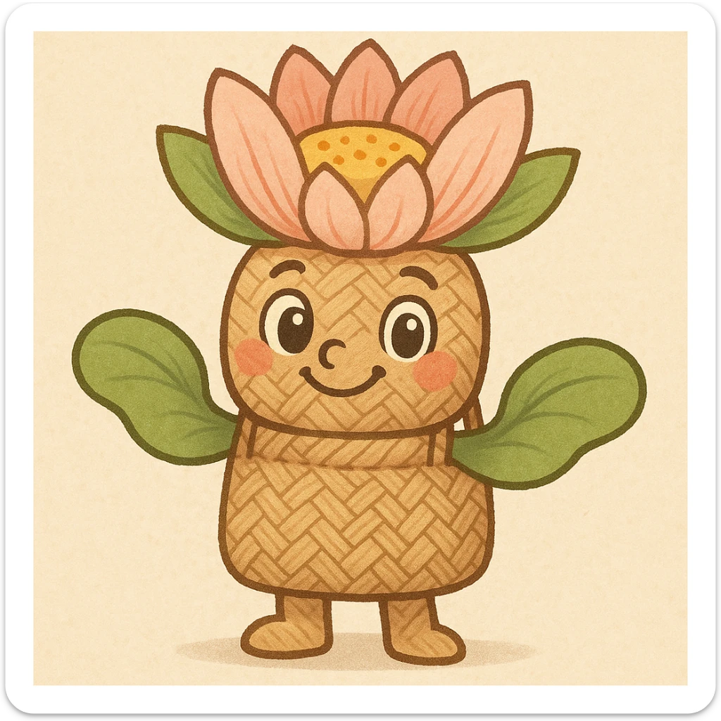 mascota para proyecto productivo lirio de agua animado usando un bolso artesanal como cuerpo, estilo tierno y carismático, detalles de tejido visibles, expresión amigable sticker